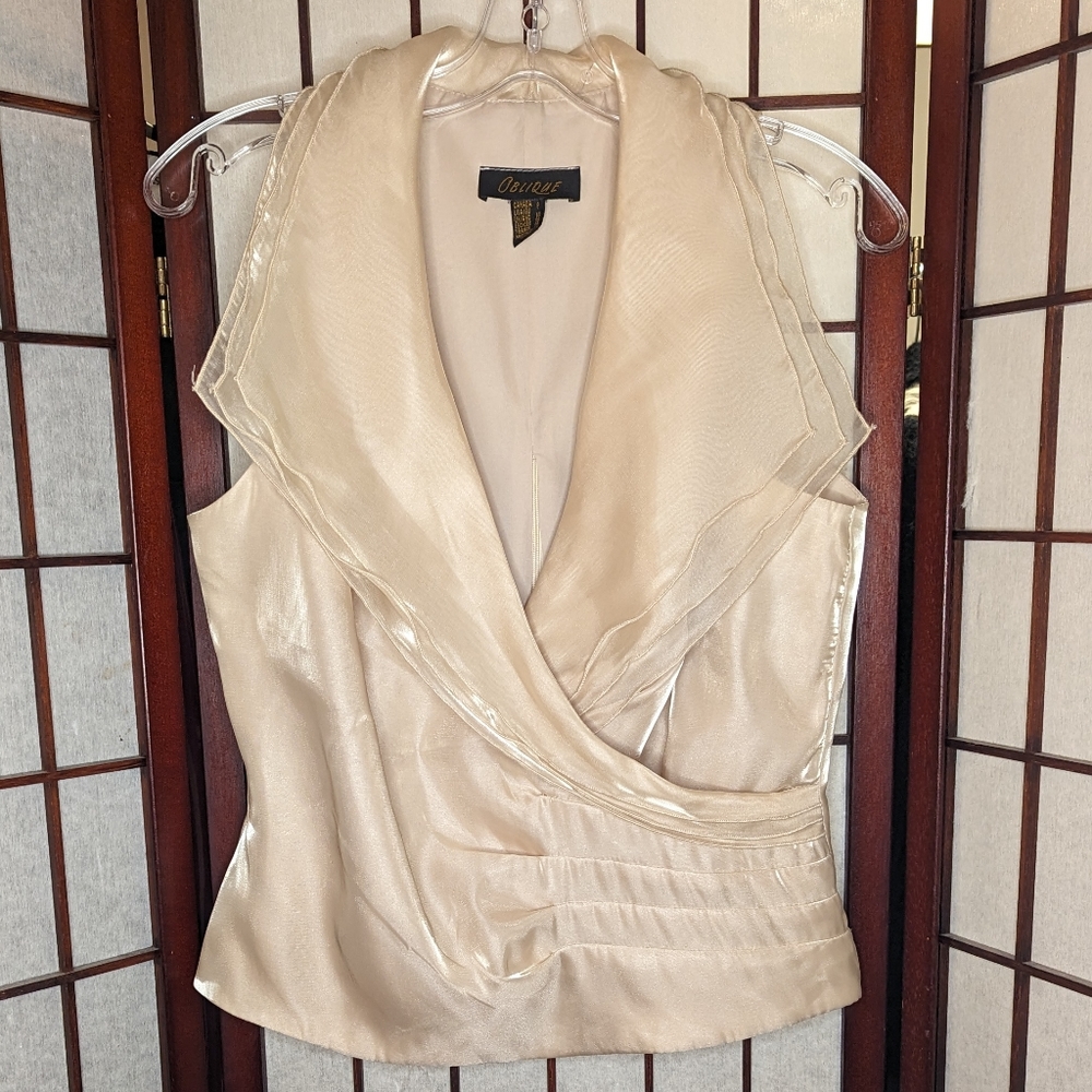 Vintage shiny ivory organza sleeveless wrap top sz 8